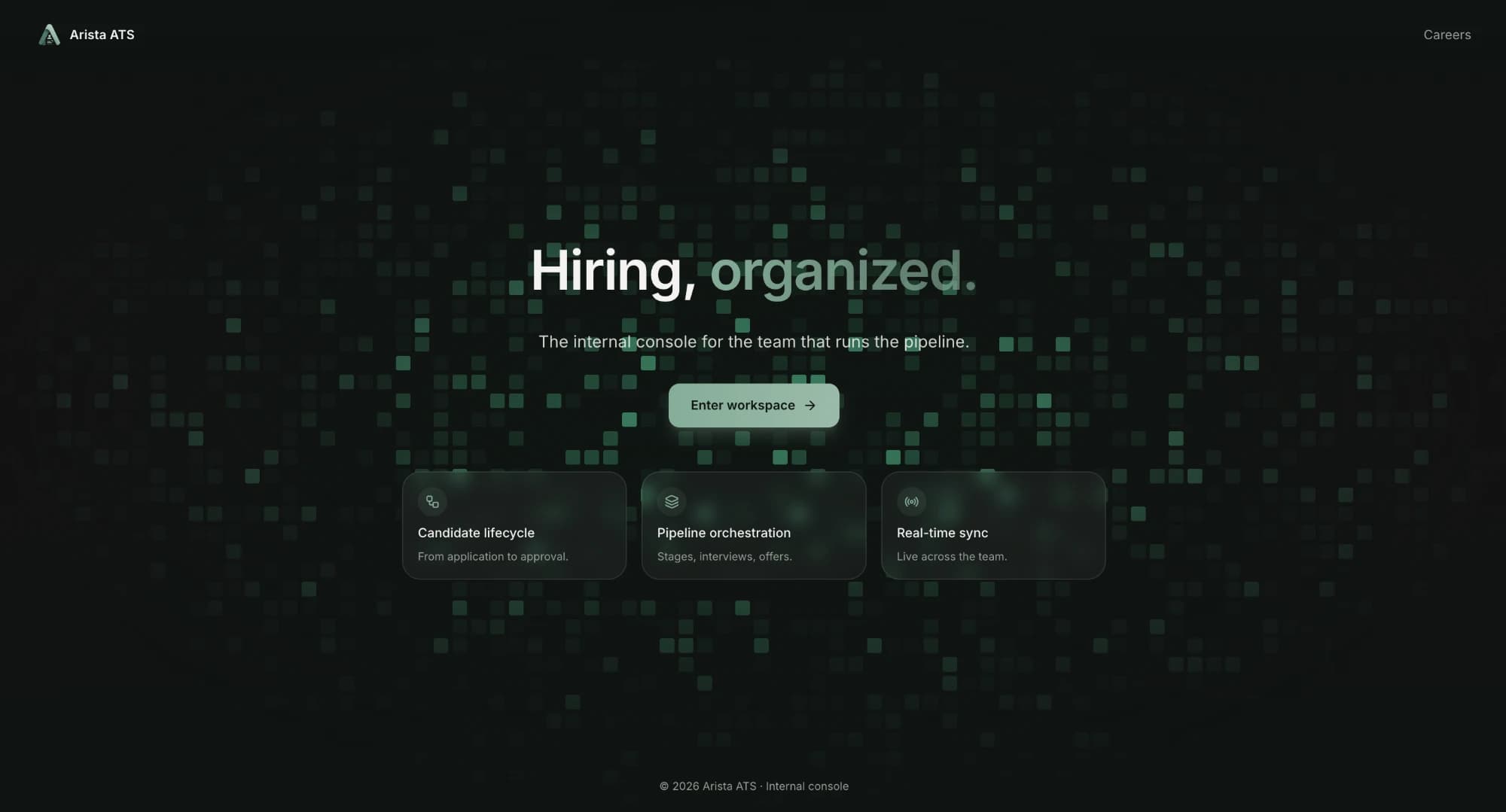 Arista ATS landing page: Hiring, organized, with an Enter workspace button