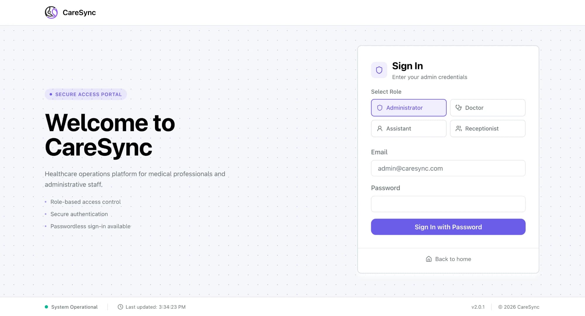CareSync sign-in page: Welcome to CareSync, with role choices for administrator, doctor, assistant and receptionist