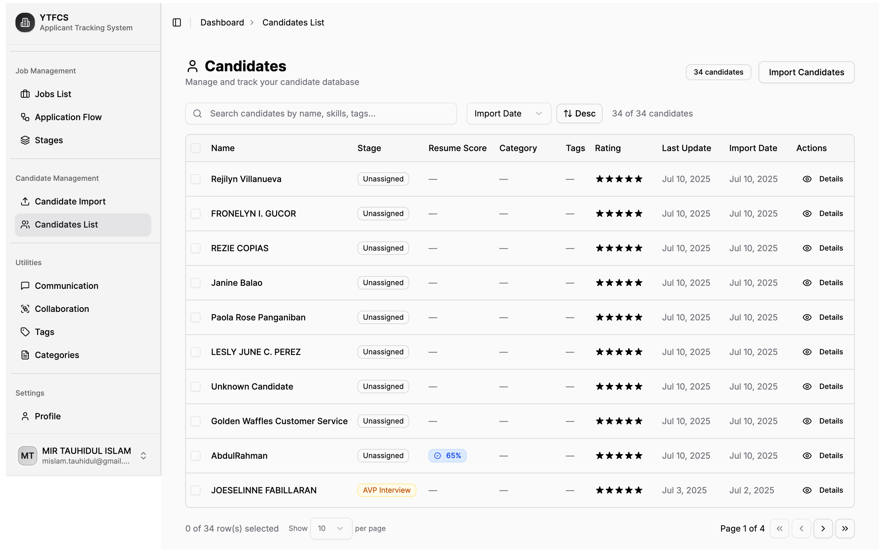 ATS (Applicant Tracking System) main view